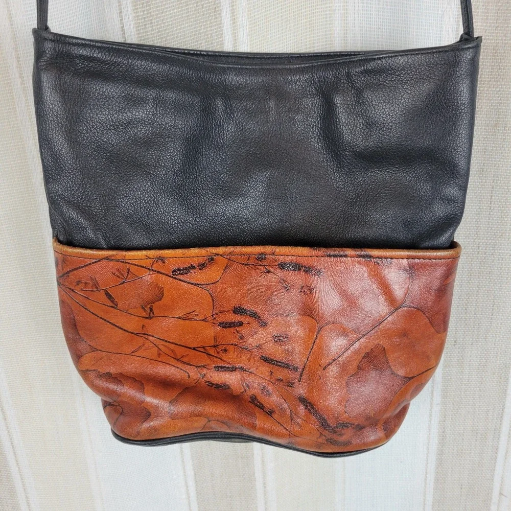 Leaf‎ Leather Inc. Genuine Leather Crossbody Bucket Bag Black Brown Vintage